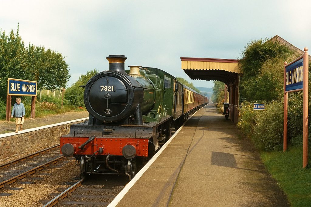 Ditcheat Manor 7821 arriving at Blue Anchor station on the West Somerset Railway